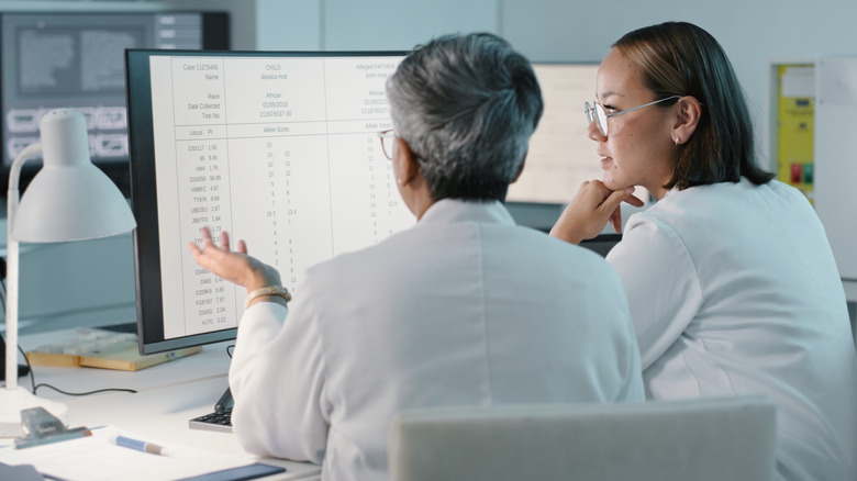 Kvinnliga forskare som diskuterar data på stor skärm