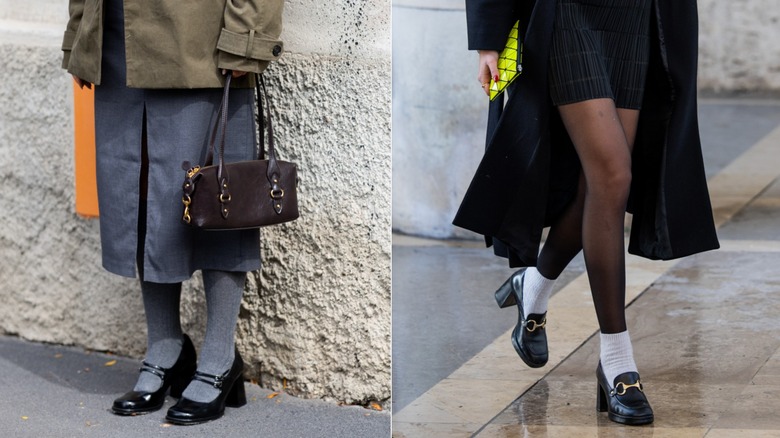 Närbild av Mary Jane-skor med klack som bärs med strumpor och loafers med klackar som bärs med strumpor och strumpor