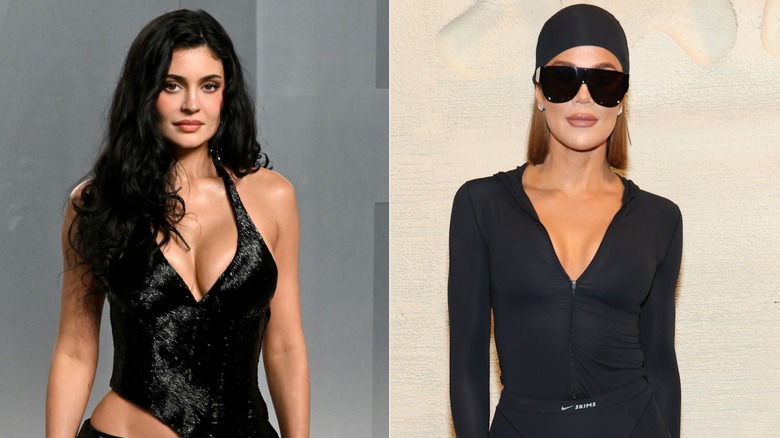 En delad bild av Kylie Jenner och Khloe Kardashian som poserar