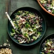 Grönkålsbroccolisallad i en grön skål med en gaffel.