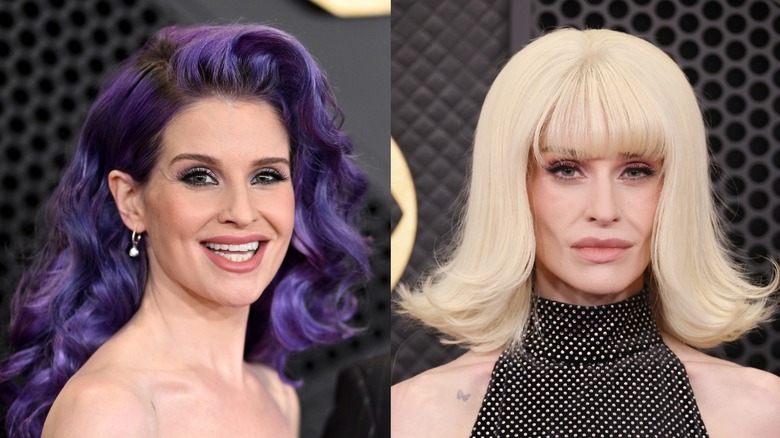 Sida vid sida om Kelly Osbourne 2024 och 2026. Till vänster: Osbourne 2019. Hon har ett fylligare ansikte och bär sitt lila hår i en hästsvans med trubbig lugg. Hon är klädd i en svart kavaj och svart knapp. Till höger: Osbourne 2026. Hennes ansikte är märkbart magrare, med framträdande kindben och en smalare käke. Hon bär en blond peruk med ändarna uppvikta och trubbig lugg, 60-talsstil. Hon är klädd i en ärmlös, höghalsad svart klänning med strass.
