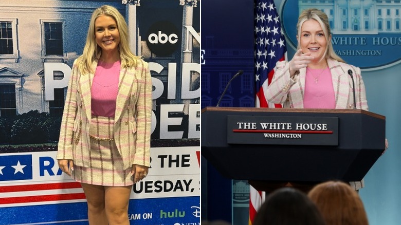 Karoline Leavitt tar en fråga på en pressträff
