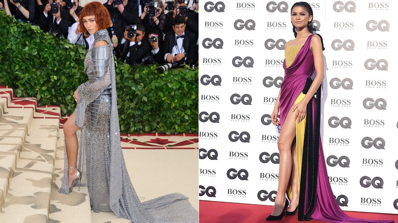 Zendaya i ringbrynja på Met Gala 2018 och i en strukturerad tvåfärgad klänning