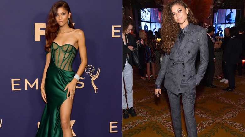 Zendaya i en grön klänning och en grå kostym 2019