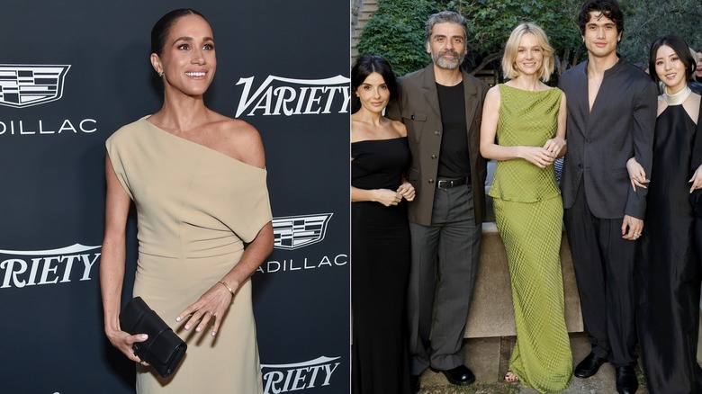 Meghan Markle ler för bilder på ett formellt evenemang på röda mattan