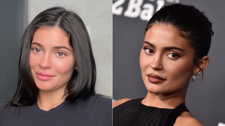 Sida vid sida av Kylie Jenner med och utan naturliga ögonbryn. Till vänster: Jenners ögonbryn är mörkbruna och fylliga, med en lätt båge. Höger: Jenners bryn är fyllda med en mörkbrun ögonbrynspenna.