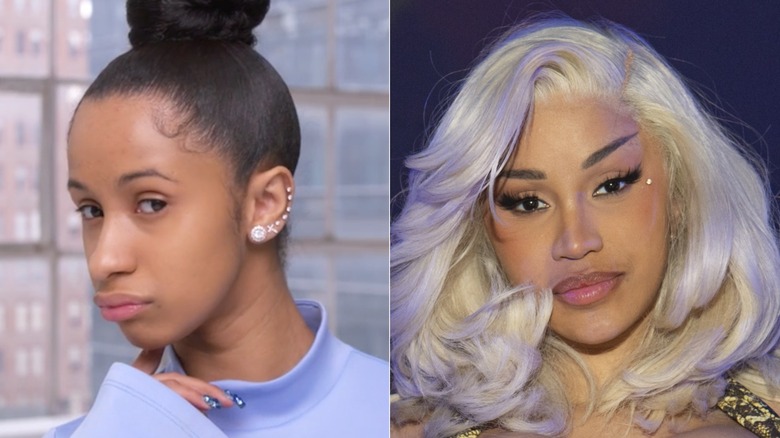Sida vid sida av Cardi B med och utan smink. Vänster: Cardis bryn är mörka och har en mycket lätt båge och en liten svans. Till höger: Cardis bryn har en hög lutning uppåt och är fyllda i mörker.