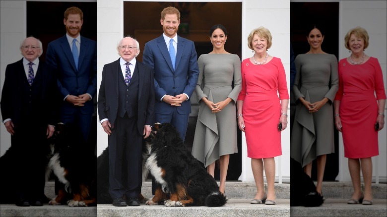 Meghan Markle bär en grå midiklänning och har en svart väska