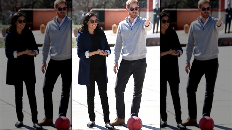 Meghan Markle på bilden med prins Harry iklädd en överdimensionerad kavaj, jeans och loafers