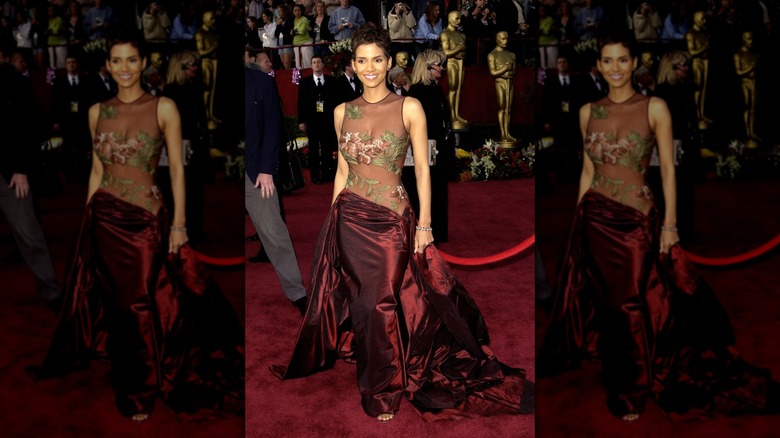 Halle Berry i en rödbrun Elie Saab-klänning 2002 på Oscarsgalan