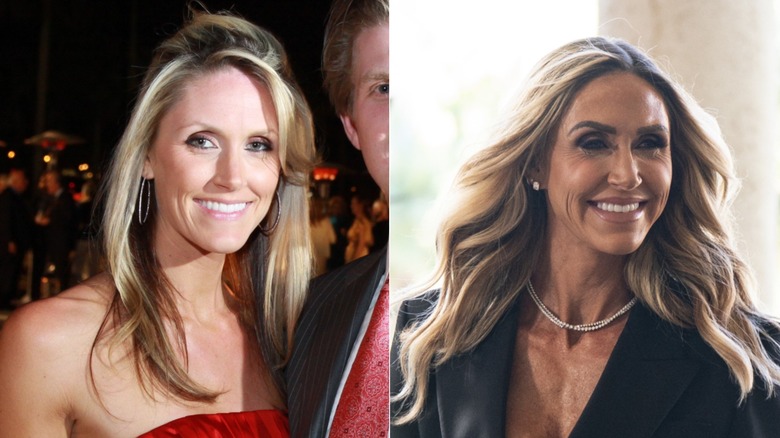 Lara Trump ler vid ett evenemang med maken Eric och talar till en folkmassa