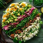 Ovanifrån av våren cobb sallad med hårdkokt ägg, avokado, rädisa, sparris, bacon, kyckling och fetaost i rader.