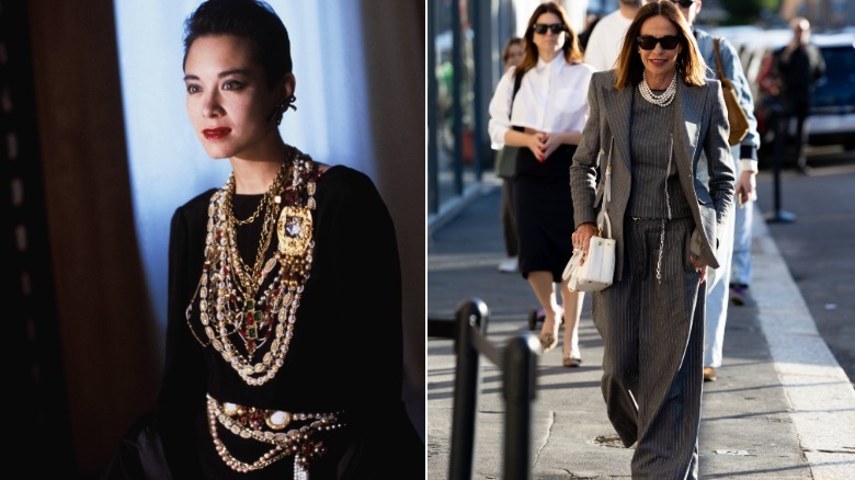 Tina Chow bär lagerhalsband och kedjebälte 84, och en kvinna i Milano som bär en modern tolkning