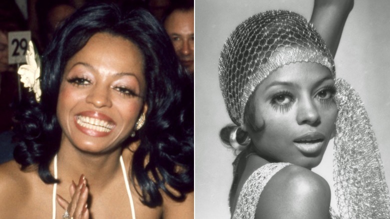 Diana Ross in med en blomma i håret 1973 och med ett näthårskydd 1982