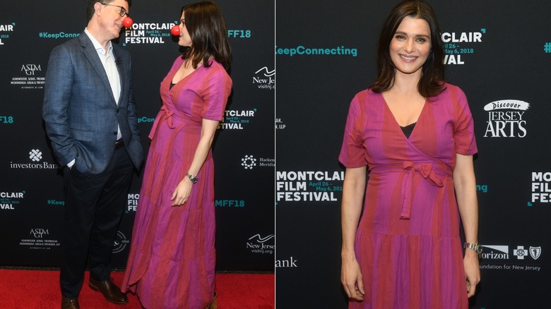 Rachel Weisz i en rosa omlottklänning när hon var gravid
