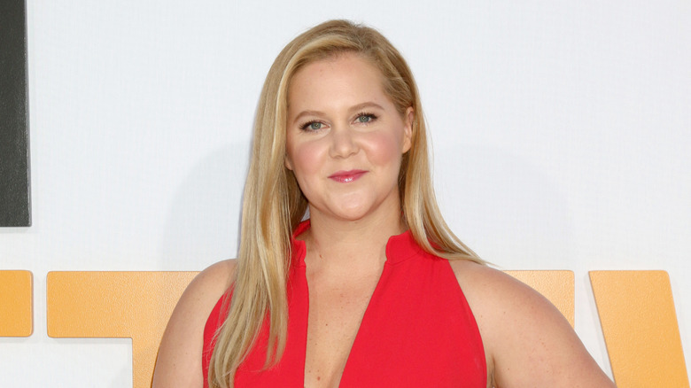 Amy Schumer ler vid ett evenemang på röda mattan klädd i en röd klänning med nedsänkt urringning.