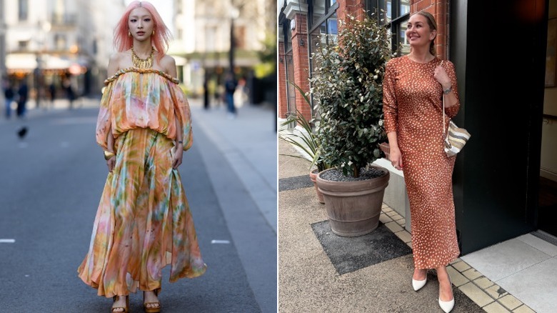 En kvinna i ett abstrakt blommönster, och en med ett fawn-tryck