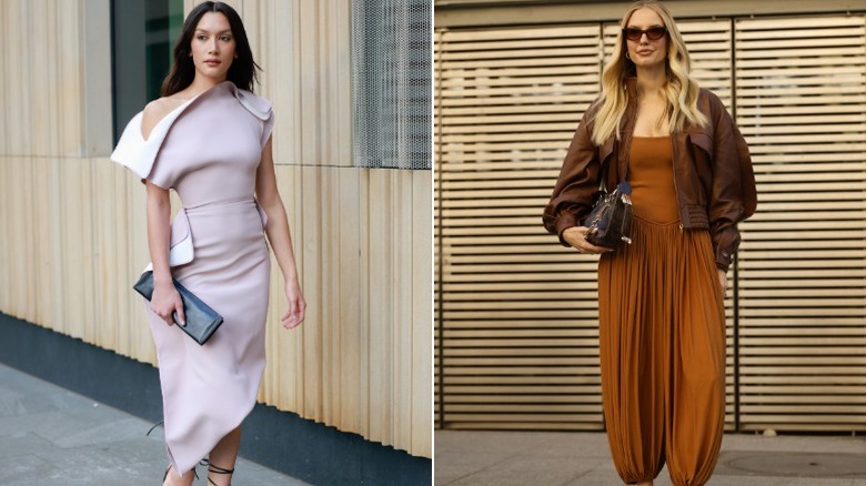 En kvinna i en blek lila draperad klänning och en i en jumpsuit i terrakotta