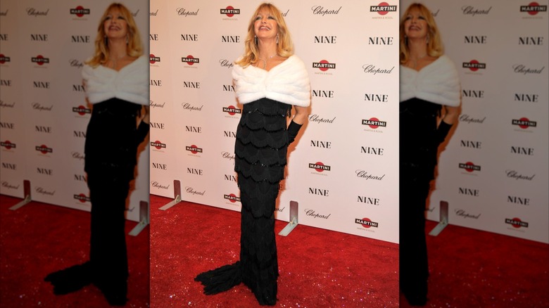 Goldie Hawn poserar på ett röda mattan-evenemang 2009 iförd en svart högtidlig klänning med en vit pälsstol.