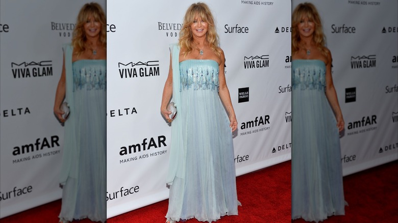 Goldie Hawn poserar på ett röda mattan-evenemang 2013 iförd en ljusblå klänning.