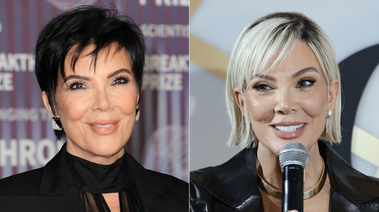 Delad bild av Kris Jenner som ler klädd i helsvart och en nisseskuren till vänster och med en kort blond bob medan han håller en mikrofon till höger.