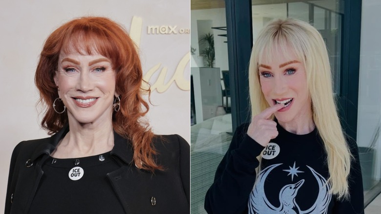 Delad bild av Kathy Griffin som ler på en röd matta med rött hår till vänster och biter i fingret medan hon bär blont hår till höger.