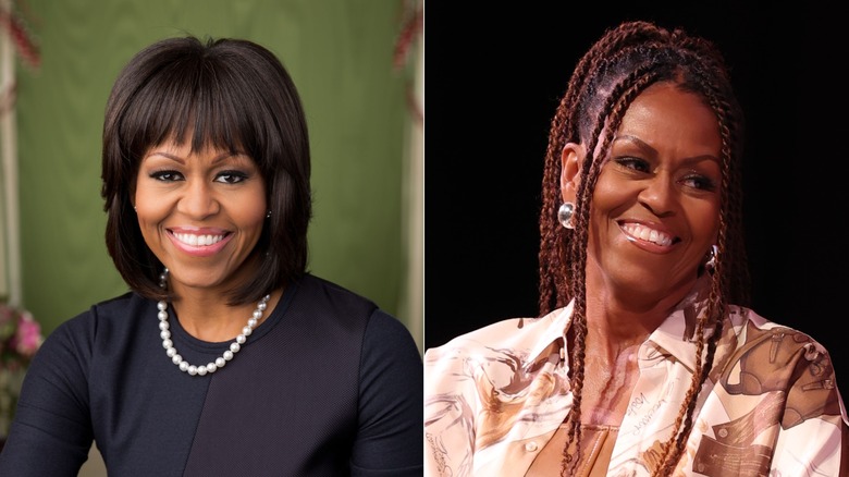 Delad bild av Michelle Obama som ler med lugg och en bob till vänster och ler och bär flätor till höger.