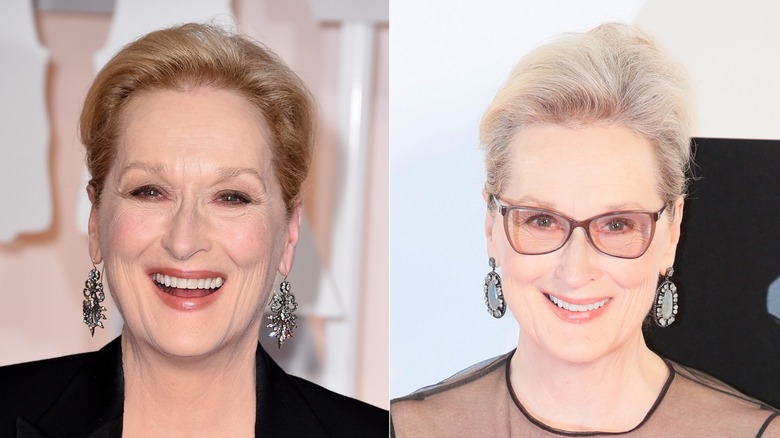 Delad bild av Meryl Streep som ler med honungsblont hår till vänster och ler med gråvitt hår till höger.