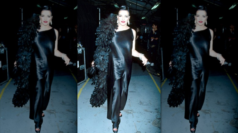 Liza Minnelli poserar i en svart klänning med en svart boa och slickat hår.