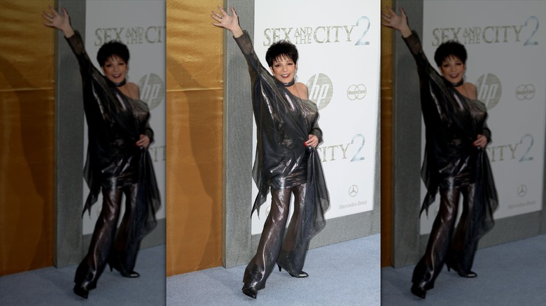 Liza Minnelli poserar på en röda mattan-event iförd en metallisk outfit och armen i luften.