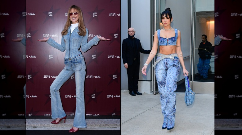 Delad bild av Bella Hadid klädd i en jeanskostym till vänster och Dua Lipa klädd i jeanskläder till höger.