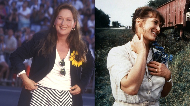 Foton sida vid sida av Meryl Streep som poserar vid prisutdelningen och medan hon filmar 