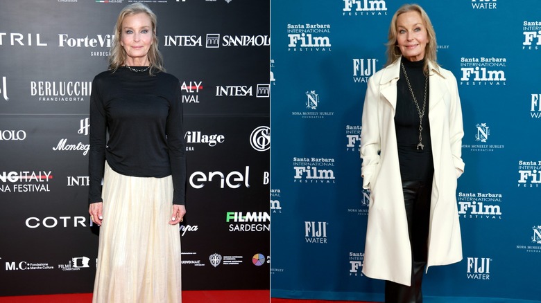 Bo Derek poserar på en röd matta i svartvita kläder