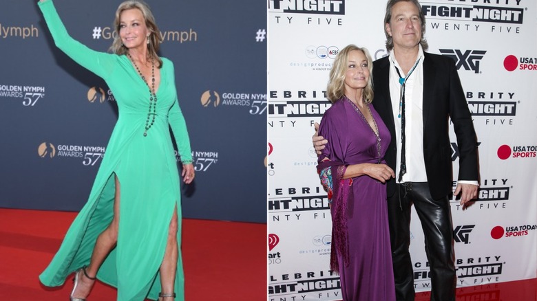 Bo Derek klädd i färgglada klänningar på två röda mattor