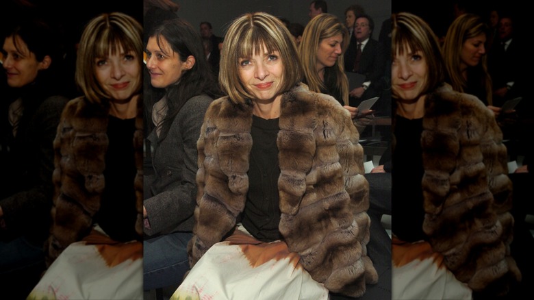 Anna Wintour ler med tjocka blonda höjdpunkter iförd en brun päls