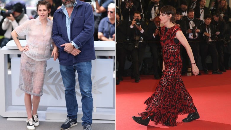 Delad bild av Kristen Stewart på filmfestivalen i Cannes, klädd i en skir outfit med sadelskor till vänster och i en röd klänning med svarta stövlar till höger.
