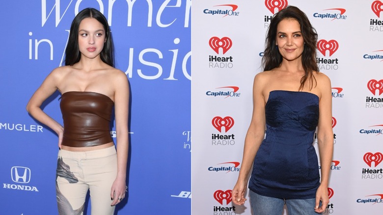 Till vänster: Olivia Rodrigo vid 2023 års Billboard Women in Music Awards. Till höger: Katie Holmes poserar vid iHeartRadio Jingle Ball röda mattan.