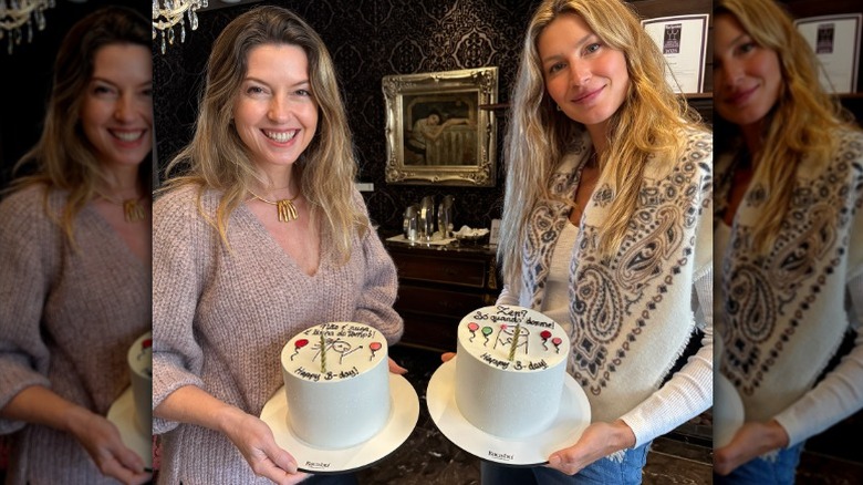 Pati och Gisele Bündchen ler med födelsedagstårtor