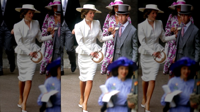 Prinsen och prinsessan av Wales i den kungliga inhägnaden på Royal Ascot, juni 1986.
