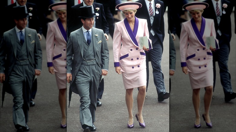 Prinsen och prinsessan av Wales deltar på den andra dagen av Royal Ascot-tävlingsmötet, juni 1990. Prinsessan bär en Catherine Walker-dräkt