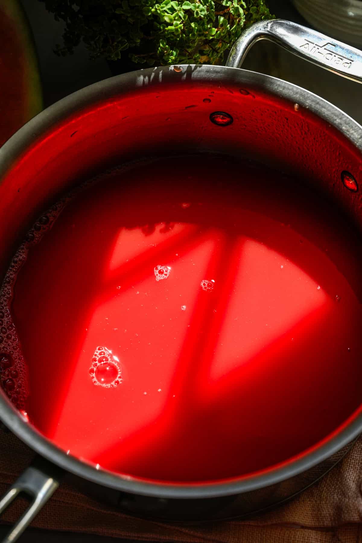 Ovanifrån av vattenmelonjuice i en kastrull.