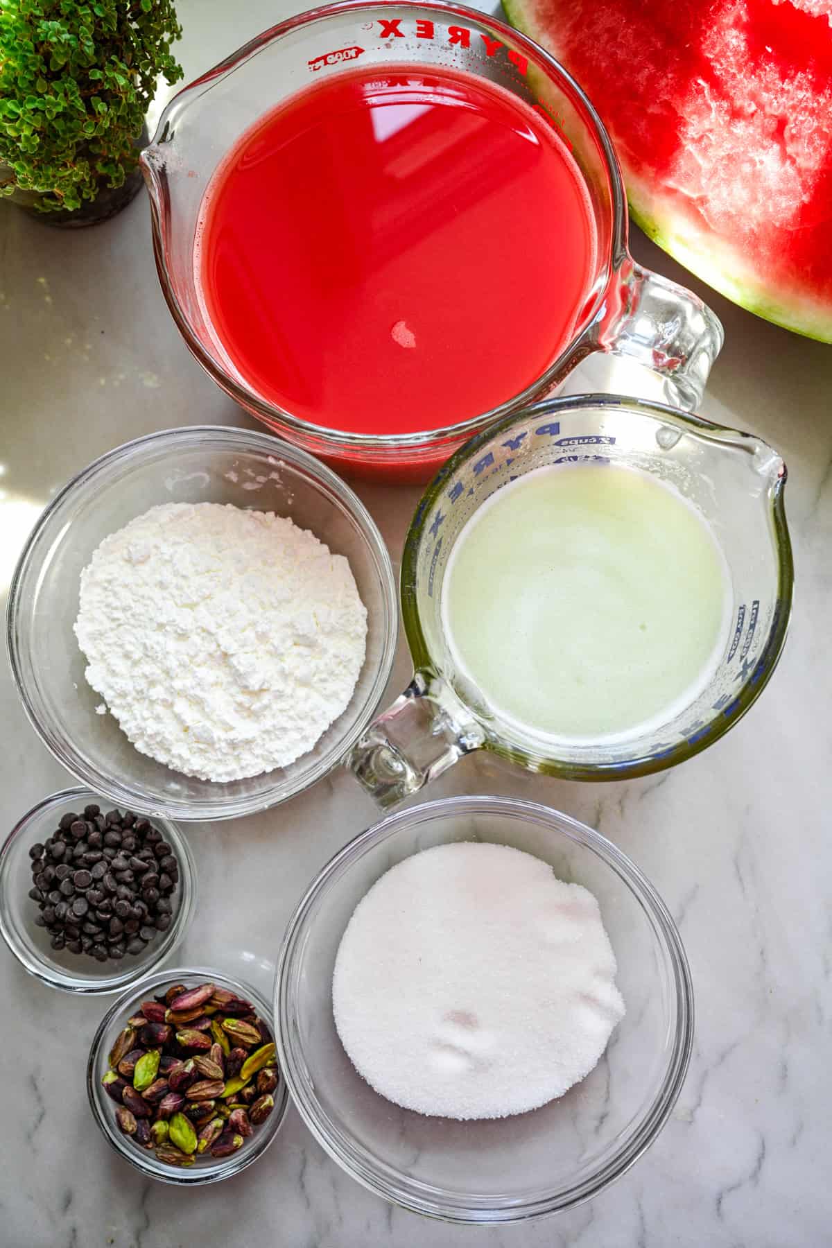 Ovanifrån av vattenmelon pudding ingredienser.