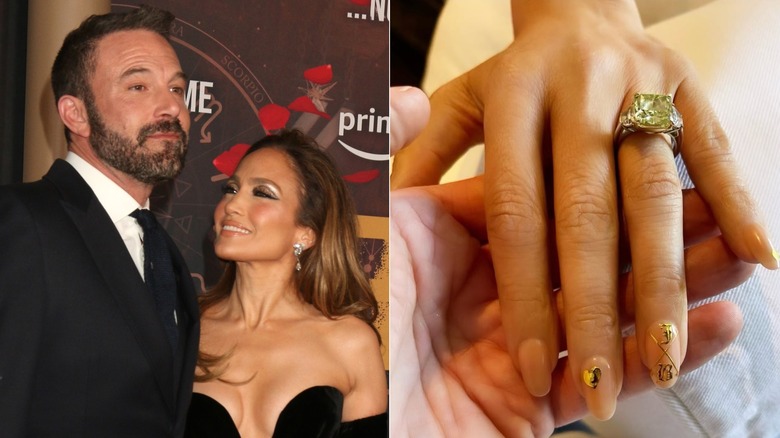 Jennifer Lopez och Ben Affleck klädda i svart, poserar tillsammans på en matta
