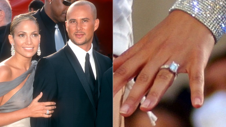 VÄNSTER: Jennifer Lopez poserar tillsammans med Chris Judd HÖGER: Lopez förlovningsring från Judd i en närbild.