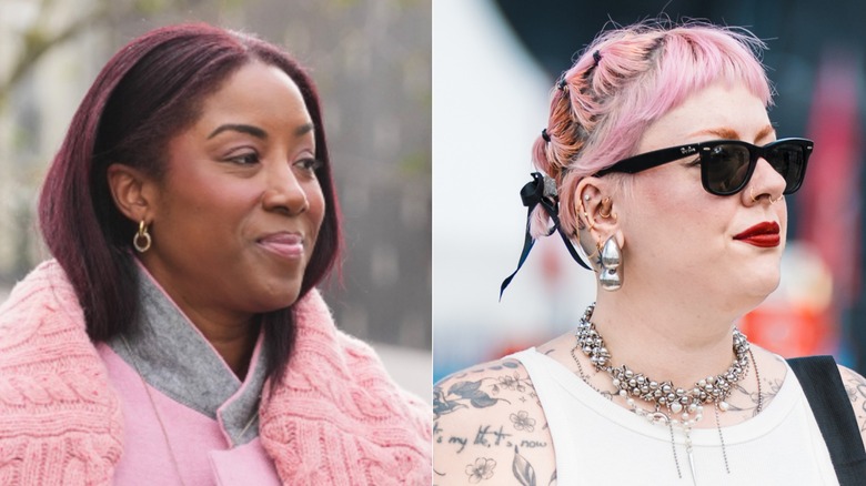 En kvinna på modeveckan med vinrött hår, och en festivalgäst med rosa hår