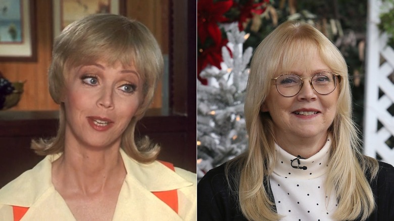 Bild sida vid sida av Shelley Long som Carol Brady till vänster och klädd i en prickig turtleneck och svart kavaj 2017 till höger.
