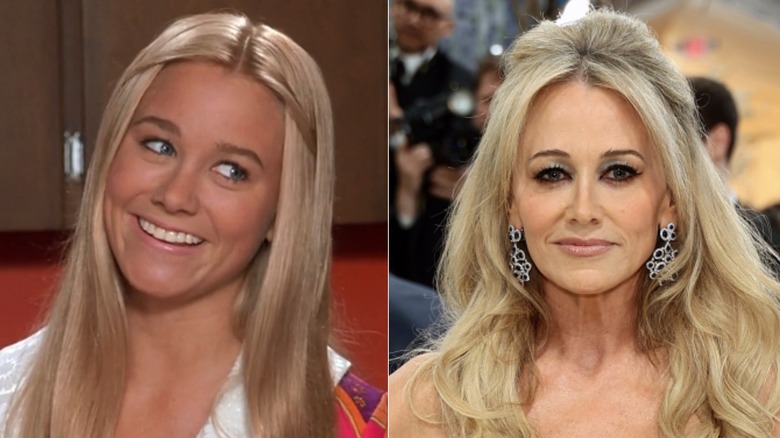 Bild sida vid sida av Christine Taylor som Marcia Brady till vänster och på Met Gala 2026 med håret uppsatt och bär uttalande örhängen till höger.