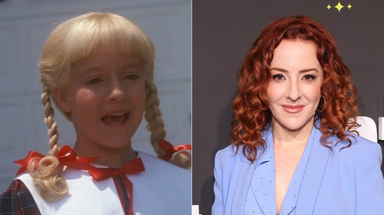 Side-by-side bild av Olivia Hack som Cindy Brady till vänster och med rött hår på ett röda mattan-evenemang de senaste åren till höger.