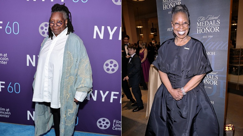 Whoopi Goldberg poserar iklädd en vit skjorta / Whoopi Goldberg ler iklädd en svart klänning