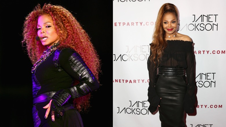 Janet Jackson poserar med handen på höften / Janet Jackson ler med rött läppstift